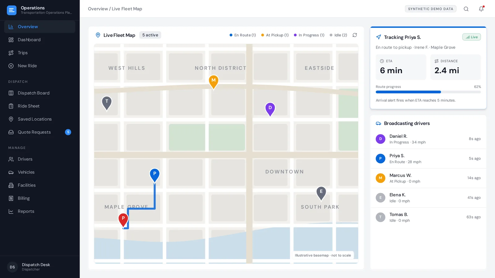 Live fleet map with synthetic vehicle positions and trip status